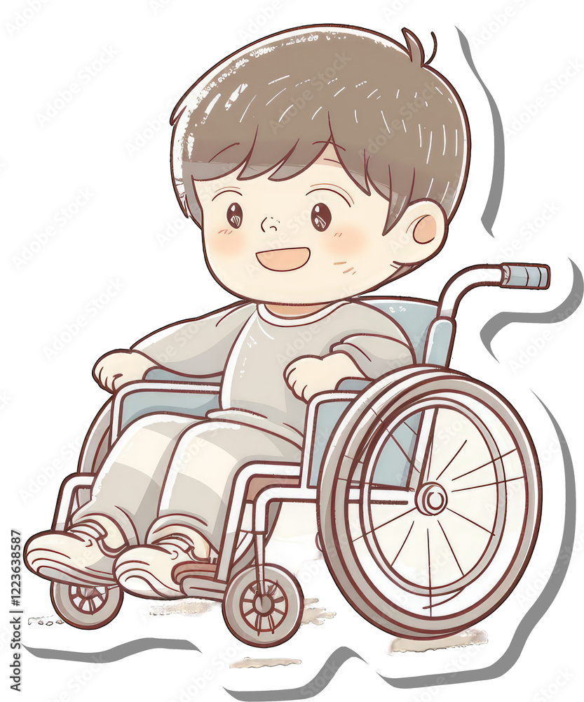Happy Boy Sitting In Wheelchair Smiling Cheerfully Happy Boy Sitting In Wheelchair Smiling Cheerfully