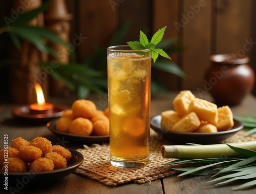 Traditional Borneo rice wine served with local snacks in a cozy setting photo