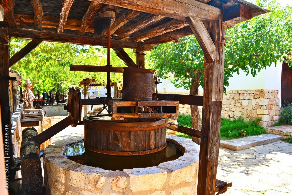 Ancient Nut Press A historical nut oil press in a rustic village setting Ancient Nut Press A historical nut oil press in a rustic village setting