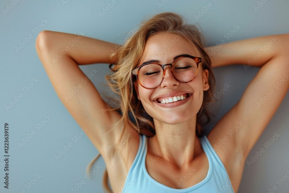 Before and after concept of woman's underarm hair removal on grey background, showcasing a laughing woman with eyeglasses and a well-groomed beard. Before and after concept of woman's underarm hair removal on grey background, showcasing a laughing woman with eyeglasses and a well-groomed beard.