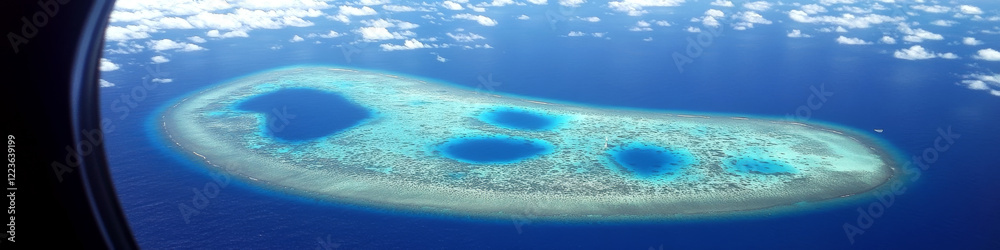 Obraz premium Atoll viewed from airplane window, surrounded by deep blue ocean. Concept of tropical island paradise. For travel website header.