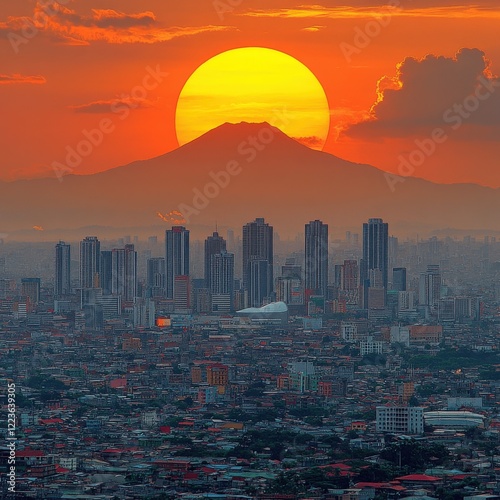 Stunning Manila Cityscape at Sunset with Sun Setting Behind the Iconic Mount Arayat in the Philippines - Breathtaking Urban Skyline and Vibrant Evening Colors photo