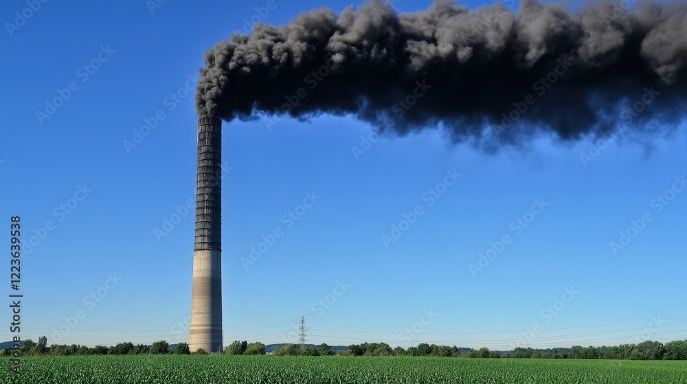Air pollution PM2.5:Industrial Chimney Emitting Black Smoke Against Clear Blue Sky Air pollution PM2.5:Industrial Chimney Emitting Black Smoke Against Clear Blue Sky