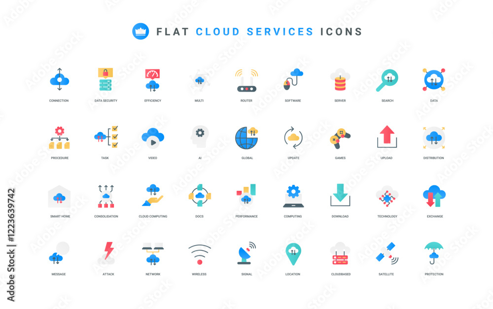 Cloud service for efficient work, games and computing, connection for data exchange and unload, update and distribution color icon set. Information allocation flat elements vector illustration Cloud service for efficient work, games and computing, connection for data exchange and unload, update and distribution color icon set. Information allocation flat elements vector illustration