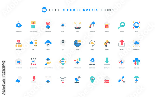 Cloud service for efficient work, games and computing, connection for data exchange and unload, update and distribution color icon set. Information allocation flat elements vector illustration