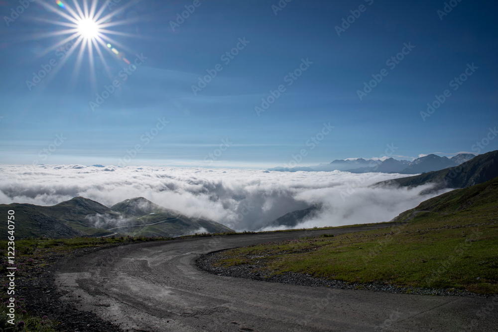 Fog in the valleys and sun on the mountain tops in the Pyrenees, France Fog in the valleys and sun on the mountain tops in the Pyrenees, France