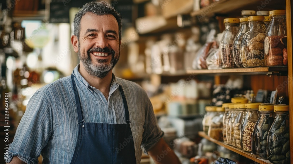 Smiling caucasian male shopkeeper in apron in a cozy store surrounded by shelves of jars Smiling caucasian male shopkeeper in apron in a cozy store surrounded by shelves of jars