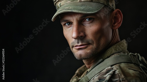 Caucasian male soldier in camouflage uniform looking serious