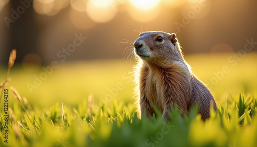 Golden Sunset and Mysterious Ground Squirrel in a Field of Green Grass photo