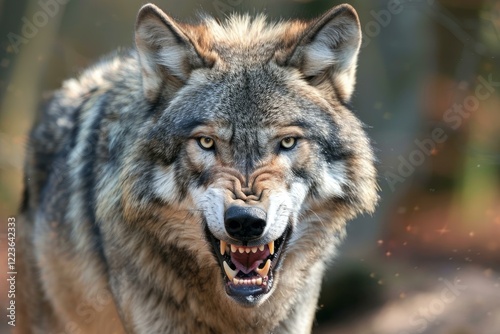 Eurasian wolf showing teeth and snarling in a forest, looking menacing