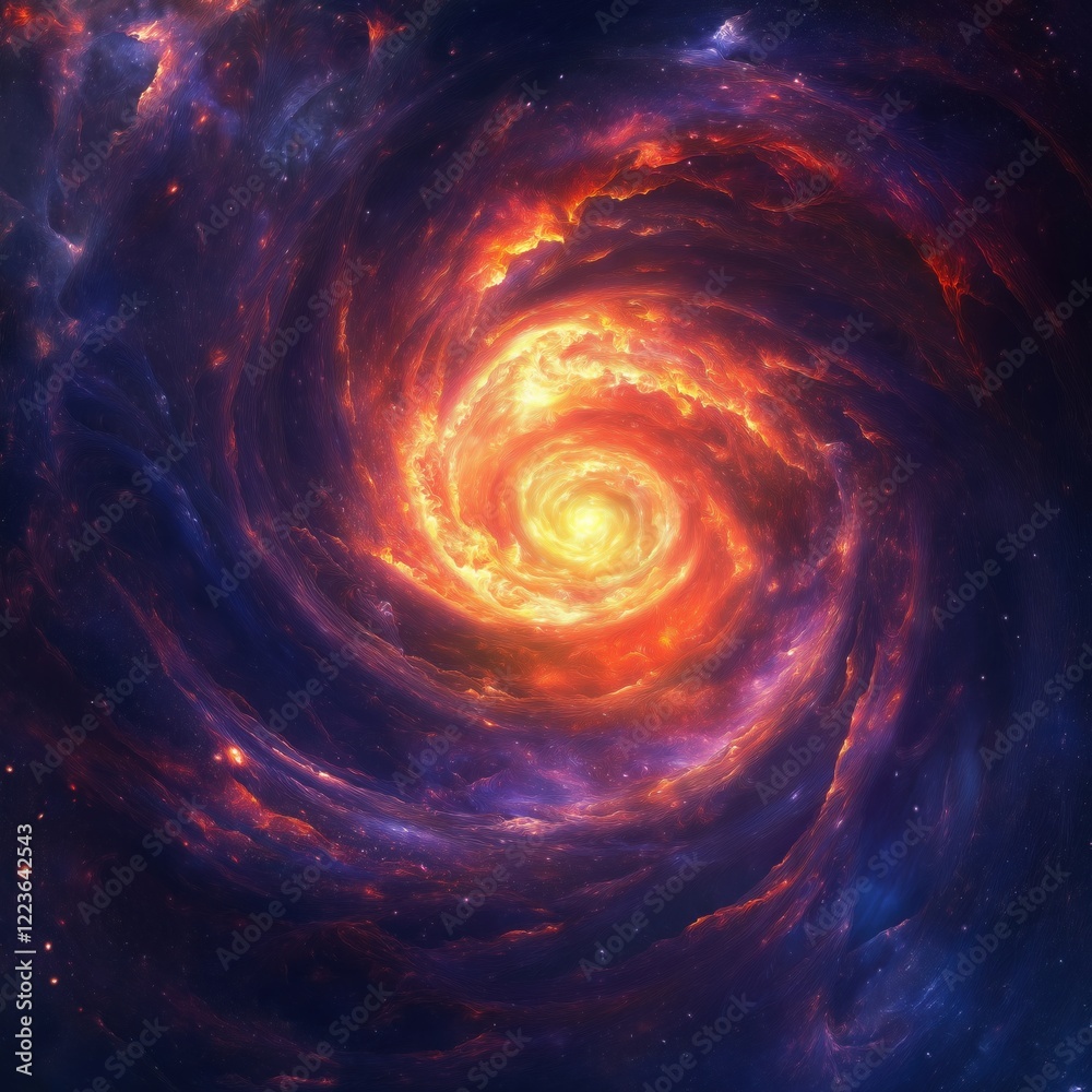 Obraz premium Cosmic spiral vortex with fiery orange and purple glowing nebula