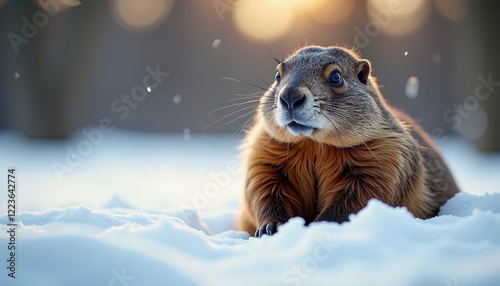 Groundhog Day: Peculiar Brown, Cream, and Black Groundhog Sitting in Snowy Scene photo