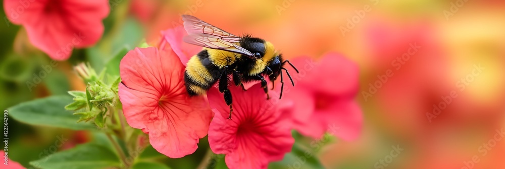 A bumblebee gathers nectar from bright pink flowers, highlighting the beauty of nature and pollination. A bumblebee gathers nectar from bright pink flowers, highlighting the beauty of nature and pollination.