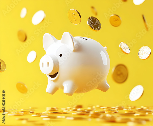 Conceptual image of a piggy bank and coins on a bold yellow background, emphasizing smart saving habits, budgeting, personal wealth growth, financial security, economic planning, and money-saving stra photo