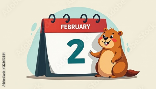 Cheery Beaver Standing Next to Groundhog Day Calendar photo