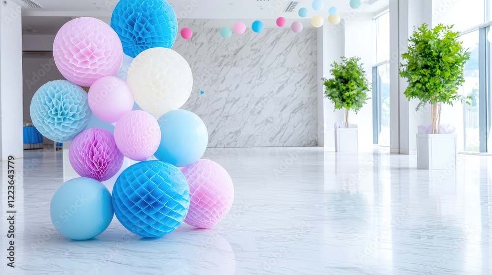 Pastel balloons decorate modern event space Pastel balloons decorate modern event space