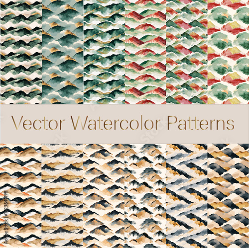 Set of vector watercolor patterns in green, red, black, gold shades for creating printed products, postcards, packaging, interior