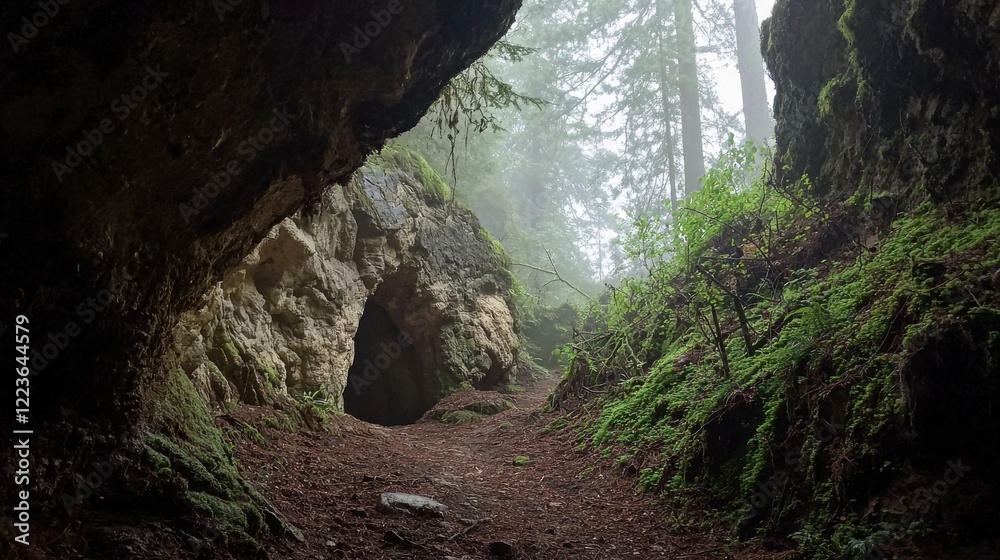 Fototapeta premium Misty Morning in an Ancient Redwood Forest with Sunlight Filtering Through