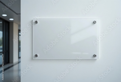 Name plate design mockup handing on door, 3d render. Door sign mock up template on entry in cabinet. Office hall interior with nameplate on door