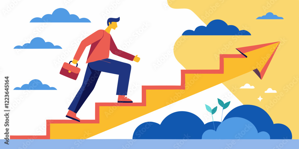 Man climbing stairs toward arrow, briefcase. Goal achievement, success, progress. Use for business blogs, motivational sites, career development themes. Man climbing stairs toward arrow, briefcase. Goal achievement, success, progress. Use for business blogs, motivational sites, career development themes.