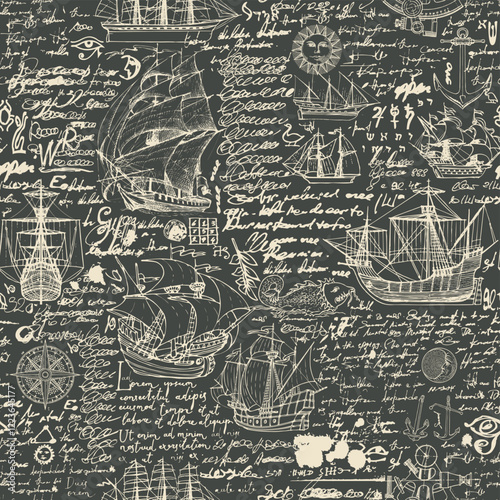 Vector abstract seamless background on the theme of travel, adventure and discovery. Old caravels, vintage sailing yachts, wind roses, anchors and fish and birds in vintage style. With illegible text
