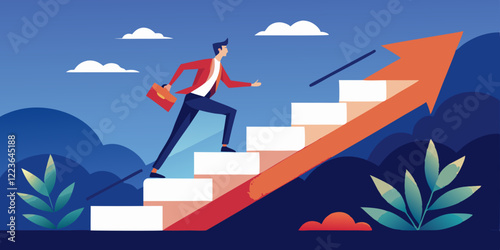 Man climbing stairs toward arrow, briefcase. Goal achievement, success, progress. Use for business blogs, motivational sites, career development themes.