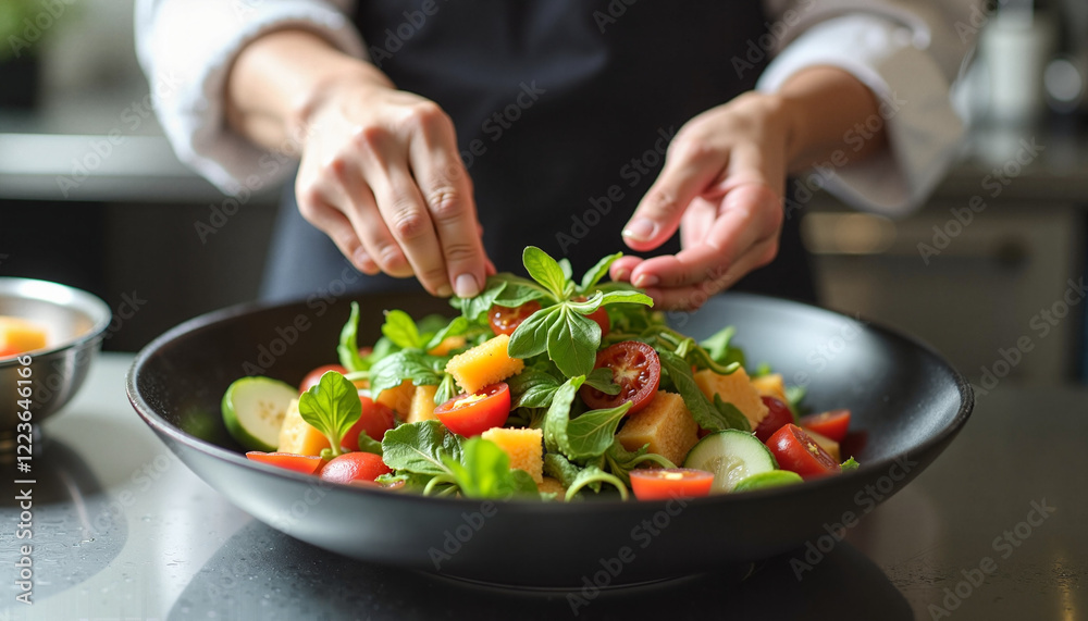 Chef preparing a fresh vegetable salad with hands in a modern kitchen Chef preparing a fresh vegetable salad with hands in a modern kitchen