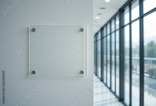 Name plate design mockup handing on door, 3d render. Door sign mock up template on entry in cabinet. Office hall interior with nameplate on door