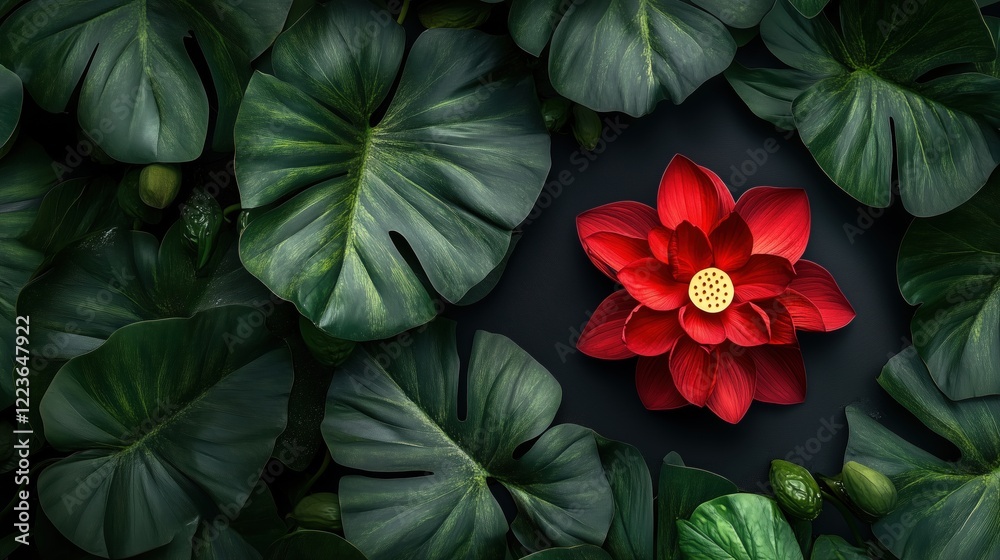 Obraz premium Red lotus flower stands out against a backdrop of vibrant green leaves, offering a tranquil scene with room for text or design.