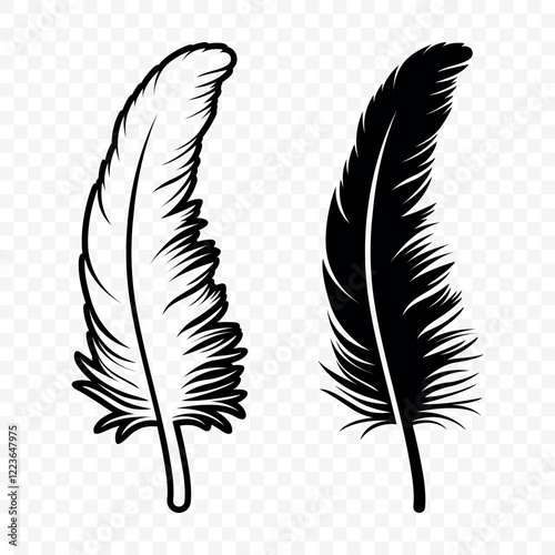 Vector Black and White Fluffy Feather Logo Icons. Silhouette Feather Set Closeup Isolated. Design Template of Flamingo, Angel, Bird Feather. Lightness and Freedom Concept