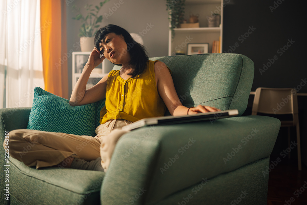 Obraz premium Asian woman relaxing on a teal armchair with a laptop on the armrest