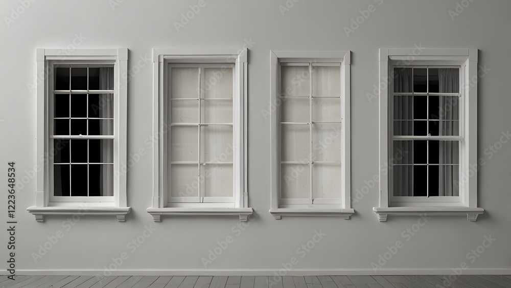 Fototapeta premium Three historic white window on the white wall. Generative AI 