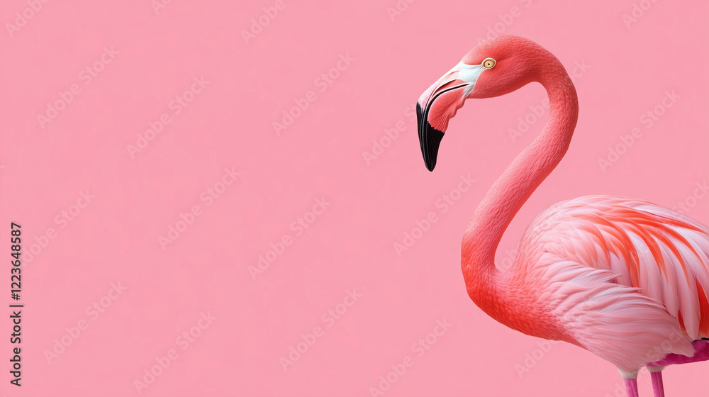 Fototapeta premium Pink flamingo on a pink background, clean design