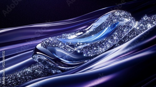 Futuristic Electric Blue Digital Signature Floating in Silver Waves with Sparkling Particle Effects on a Deep Purple Gradient Background