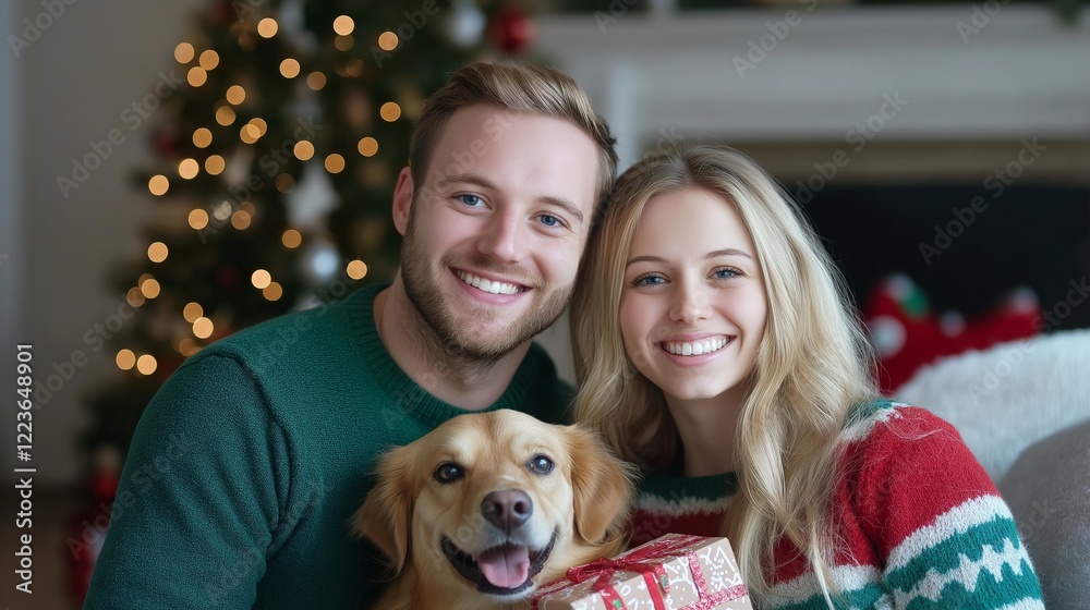 Happy couple with dog by Christmas tree . Happy couple with dog by Christmas tree .