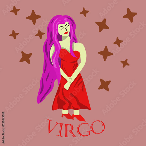 Vector illustration of the zodiac sign virgo. Portrait of a woman, a virgin, a woman in a red dress with long hair. Zodiac sign, horoscope, sign.
