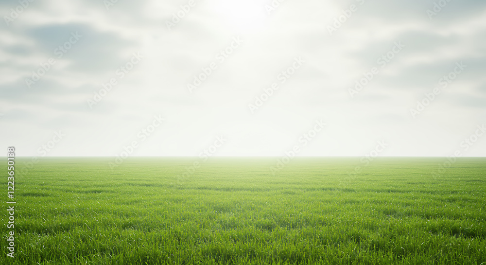 Serene Green Field Landscape Under a Misty Sky Serene Green Field Landscape Under a Misty Sky