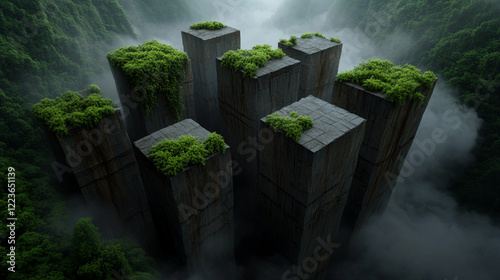 Mysterious stone structures surrounded by lush greenery photo