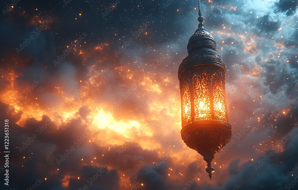 Obraz premium Illuminated Lantern Against a Backdrop of a Starry, Cloud-Filled Sky with Warm Orange Tones
