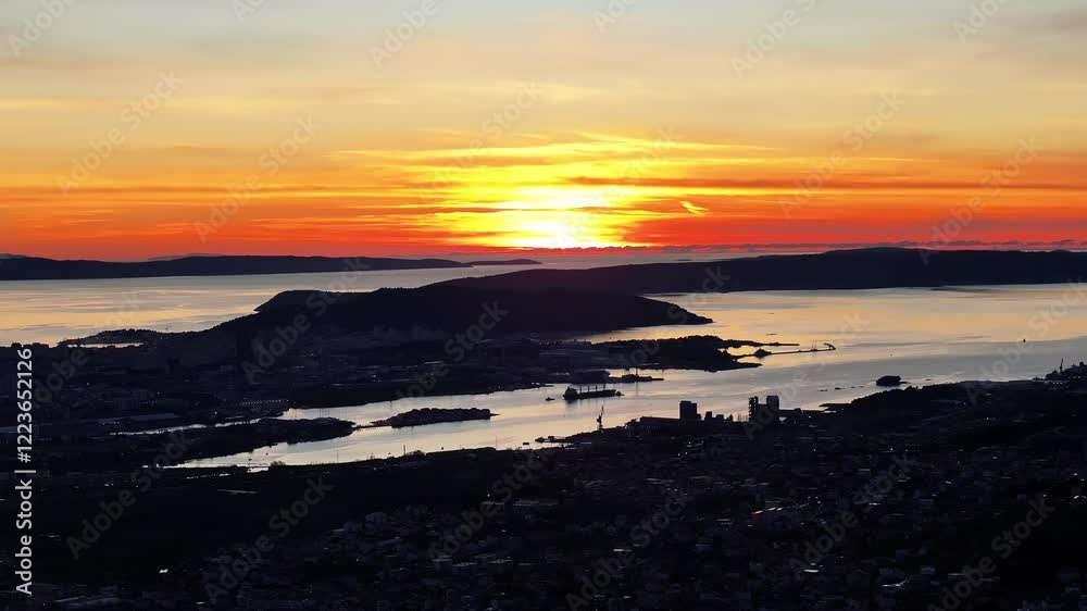 A tranquil, static view of Split city during sunset, captured from Klis Fortress. The calm, golden hues illuminate the historic city and its coastal surroundings, offering a picturesque scene. A tranquil, static view of Split city during sunset, captured from Klis Fortress. The calm, golden hues illuminate the historic city and its coastal surroundings, offering a picturesque scene.