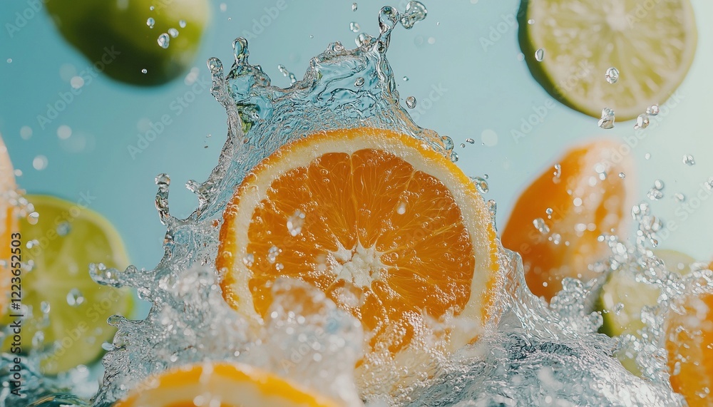 Vibrant citrus fruits splash into clear water, creating a refreshing and lively moment filled with joy and energy Vibrant citrus fruits splash into clear water, creating a refreshing and lively moment filled with joy and energy
