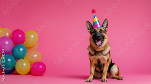 A German Shepherd wearing a colorful party hat, celebrating a birthday with balloons around, sitting on a pink background