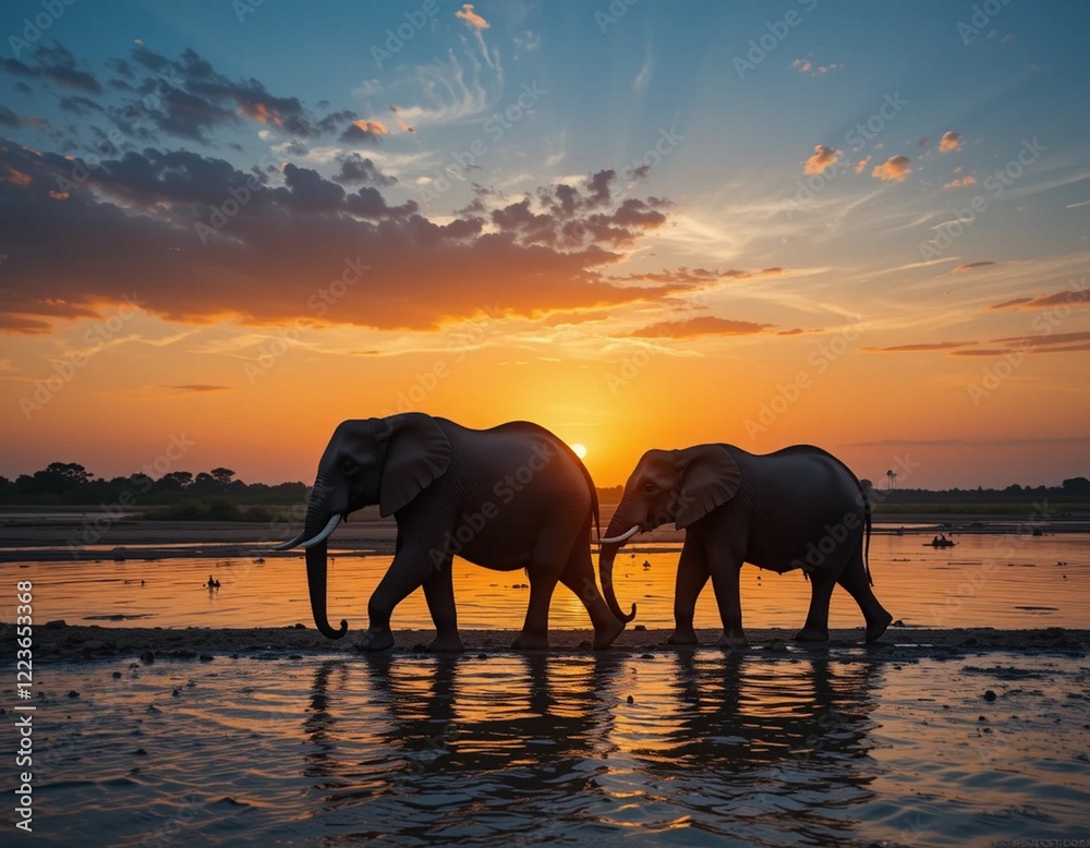 Fototapeta premium elephants at sunset