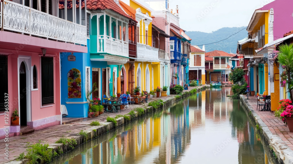 Obraz premium Scenic Canal with Colorful Buildings and Reflections