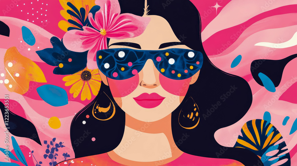 Stylish Woman with Floral Accents and Sunglasses: A Vibrant Art Print Stylish Woman with Floral Accents and Sunglasses: A Vibrant Art Print