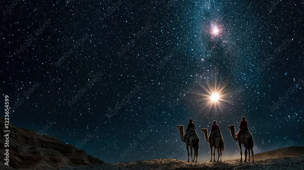Fototapeta premium Night Sky, Three Wise Men Journey, Star of Bethlehem, Desert Landscape