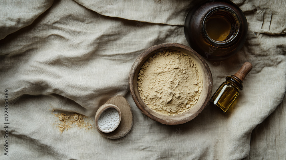 Assortment of Ayurvedic Herbal Powders, Oils, and Natural Remedies Arranged on Soft Linen Cloth with Open Space for Text, copy space Assortment of Ayurvedic Herbal Powders, Oils, and Natural Remedies Arranged on Soft Linen Cloth with Open Space for Text, copy space