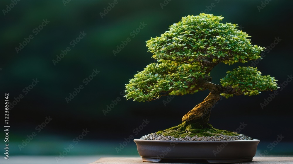 A small, meticulously shaped bonsai tree in a pot, showcasing vibrant green foliage against a blurred background. A small, meticulously shaped bonsai tree in a pot, showcasing vibrant green foliage against a blurred background.