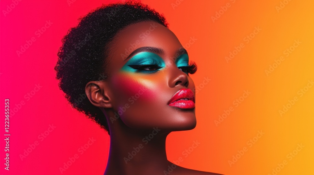 A striking profile of a model showcasing vibrant makeup against a colorful gradient background, emphasizing bold colors and artistic expression. A striking profile of a model showcasing vibrant makeup against a colorful gradient background, emphasizing bold colors and artistic expression.