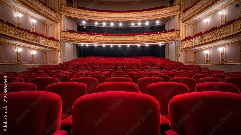 A grand theater interior featuring plush red seats and ornate decor, creating an inviting atmosphere for performances. A grand theater interior featuring plush red seats and ornate decor, creating an inviting atmosphere for performances.